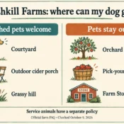 Fishkill Farms pet policy: leashed pets welcome in the courtyard, outdoor cider porch and grassy hill; pets excluded from the orchard, pick-your-own areas and Farm Store. Service animals have a separate policy. Checked October 9, 2026.